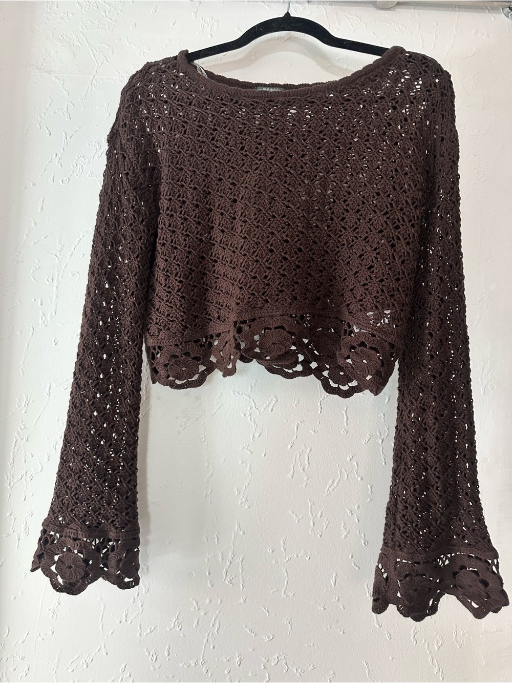 wild fable Brown Crochet Floral-Hem Scoop Sweater